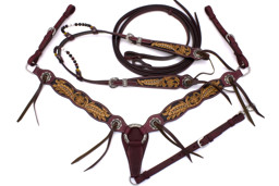 Zeige Details für Westernset: Zweiohr-Trense, Zügel und Vorderzeug burgund mit Bändern Bild von Westernset: Zweiohr-Trense, Zügel und Vorderzeug burgund mit Bändern