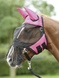 Bild von Pferdefliegenmaske mit Fransen, pink, hellblau, grau, schwarz